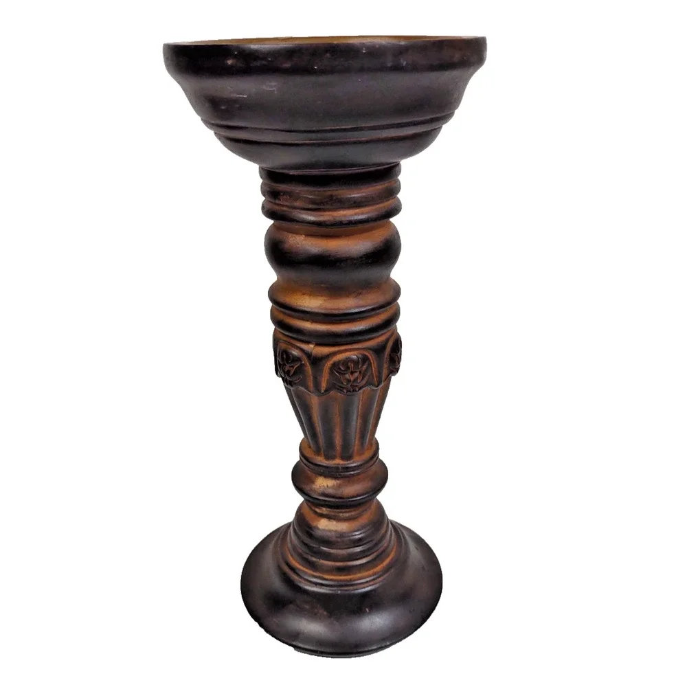 Vintage 12” Wooden Collectible Pillar Candlestick Holder with Carving, 4” Candle